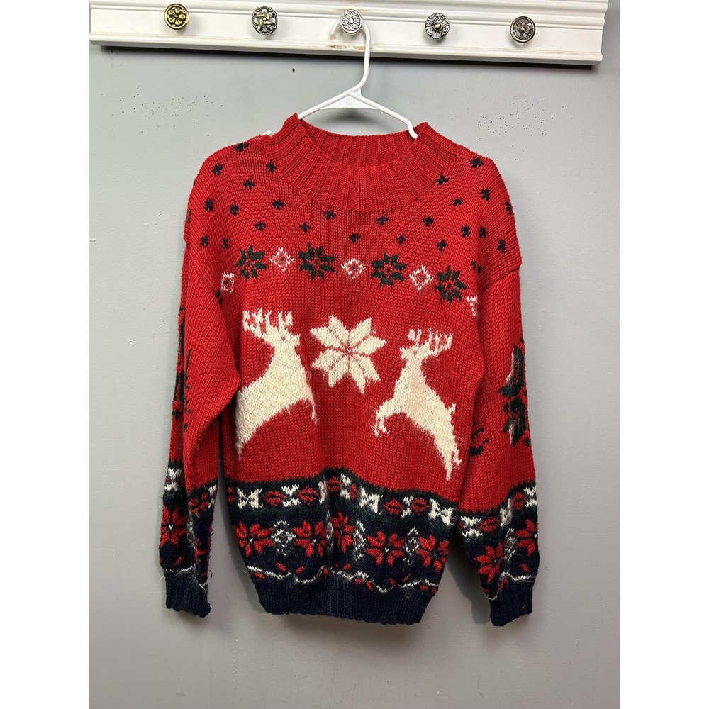 Studio Michelle Stuart Sweater‎ Womens Small Red Reindeer Mohair Wool Christmas